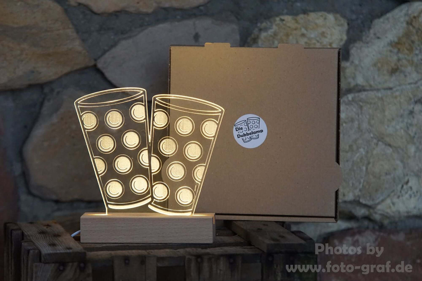 LED lamp in Dubbeglas design with stylish light, perfect for home decor and themed events.